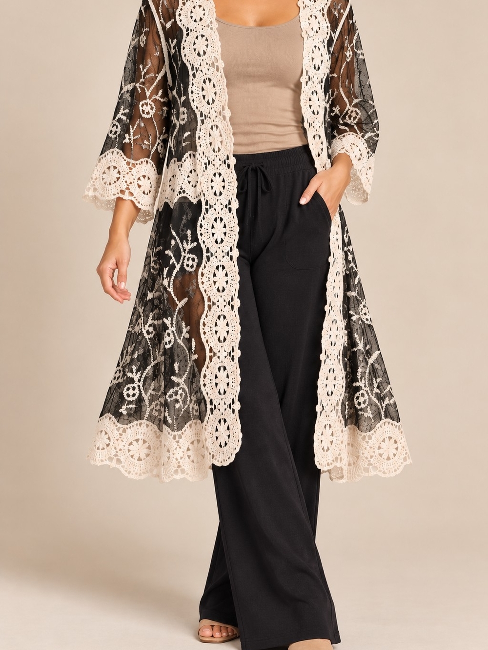 Janice Apperal Black Ivory Lace Kimono Sheer Floral Embroidered Boho Duster